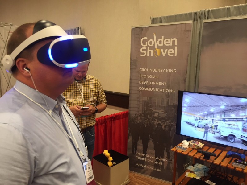 Tom Lambrecht with Great River Energy experiencing virtual reality at the International Economic Development Coalition conference (IEDC).