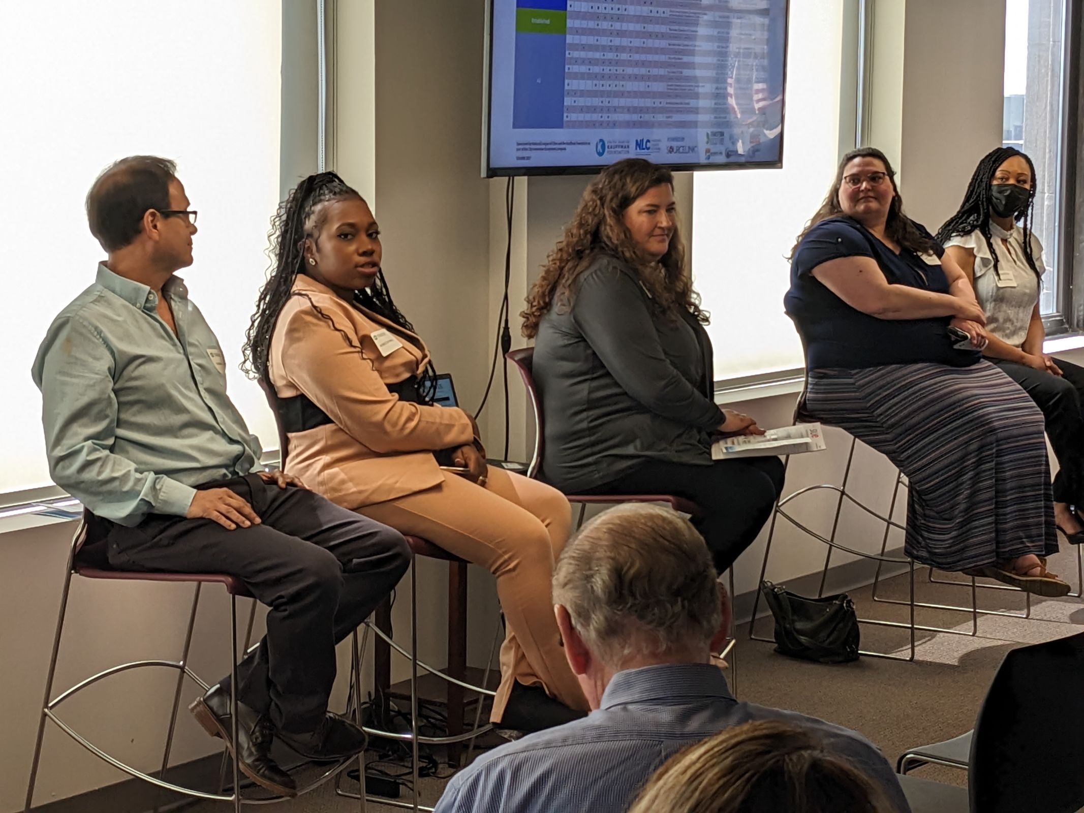 Panel I: Edward Caceres (SBDC), Rebecca Francis (Ignite Change Solutions LLC), Heather Wick (Growth Dimensions), Gina DelRose (City of Belvidere), and Francisca French (City of Rockford)