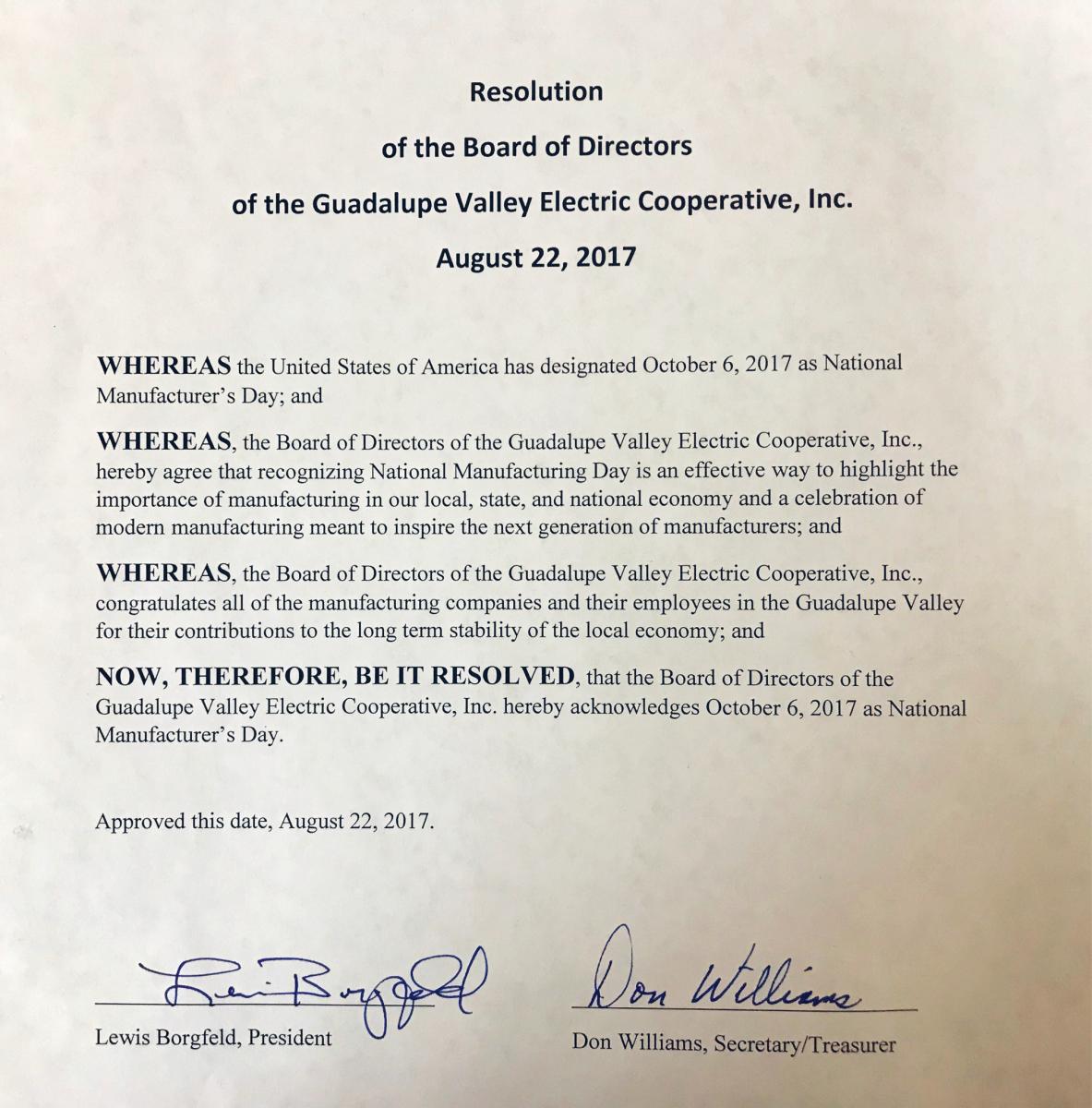 GVEC Board Manufacturing Day Resolution