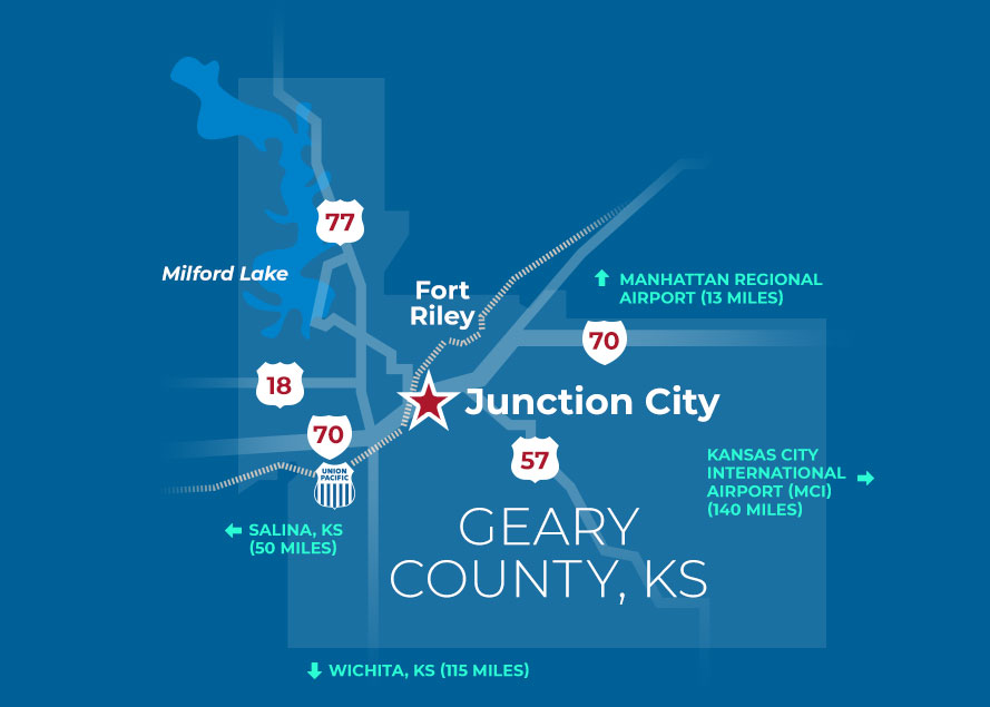 Regional map showing Junction City, KS