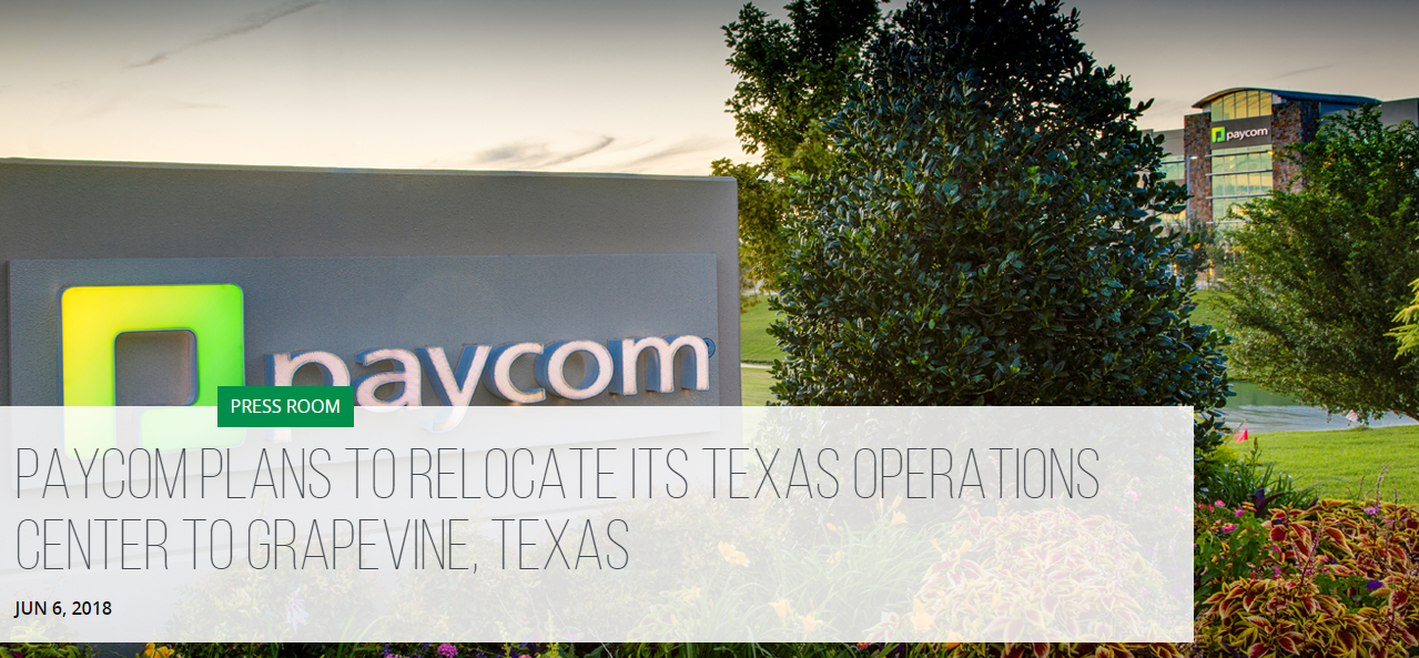 Paycom Plans to Relocate Its Texas Operations Center to Grapevine, Texas Main Photo