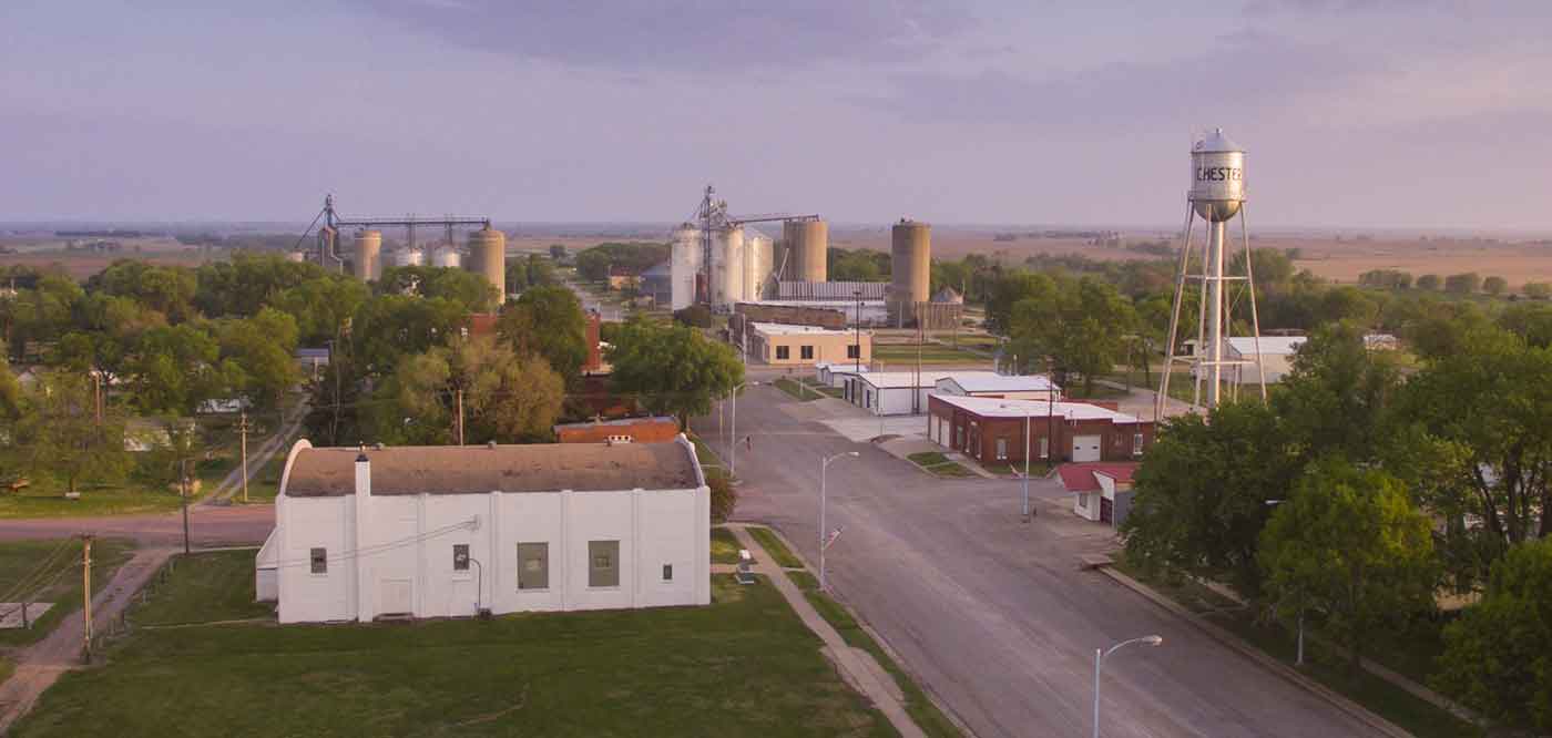 aerial view of Chester, NE downtown