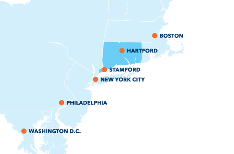 New England map highlighting CT