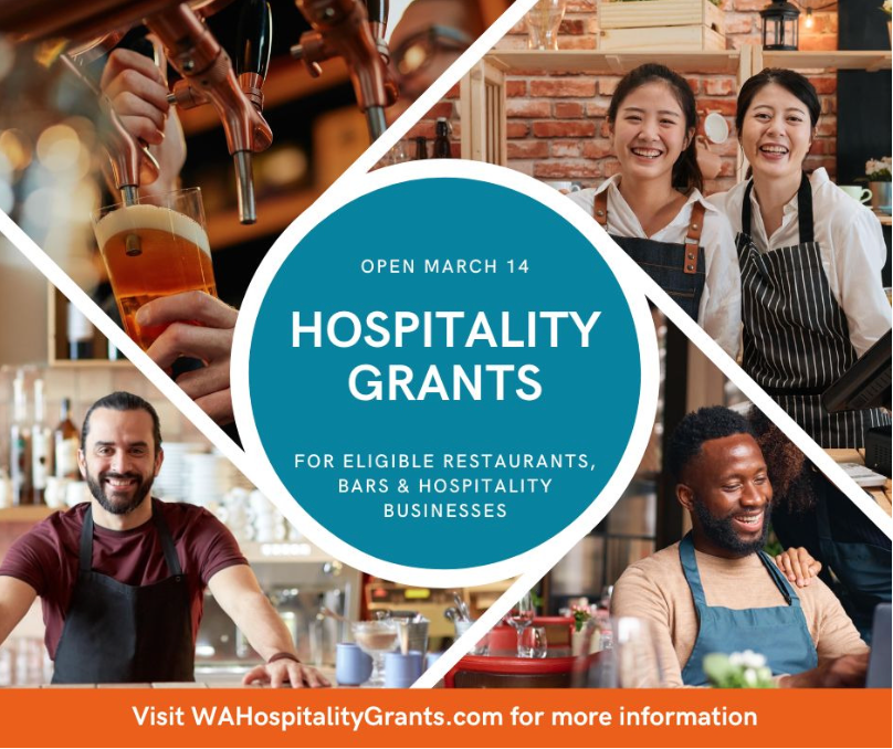 Now Open: Washington Hospitality Grants: One-time grants to eligible restaurants, hotels, motels, and other small hospitality businesses Photo - Click Here to See