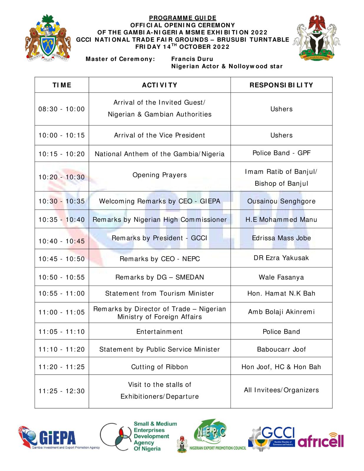Program Guide For The Official Opening Of The Gambia - Nigeria MSME Exhibition 2022 Photo