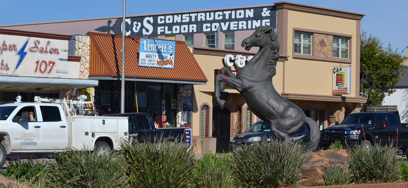 Horse statue in front of local shops