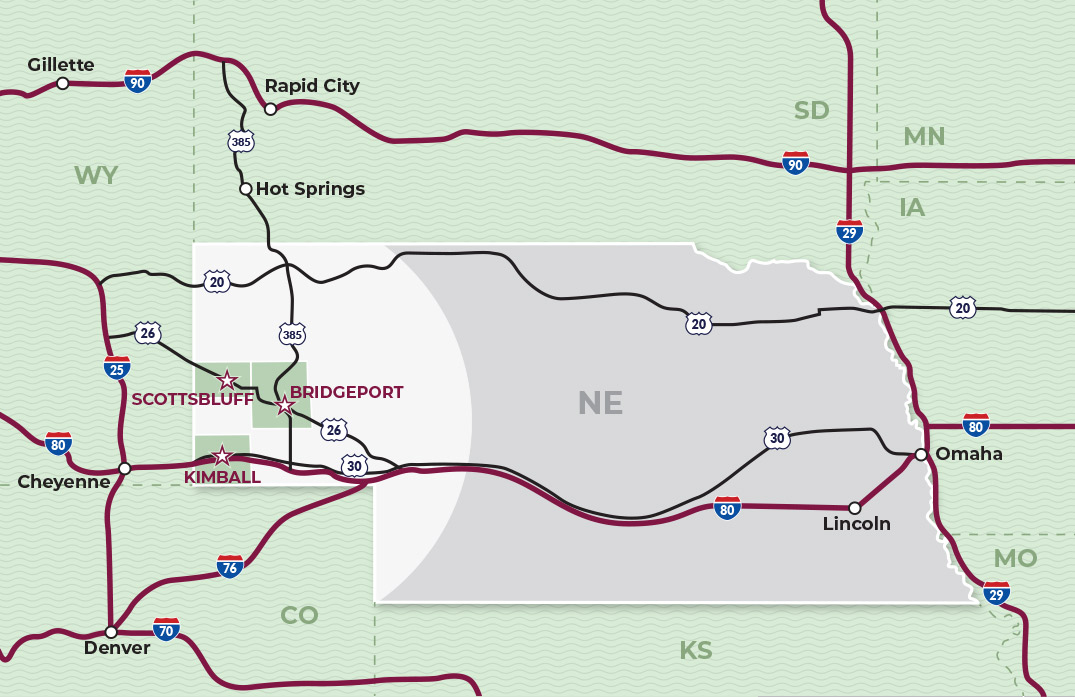 highway map of Nebraska, western communities featured