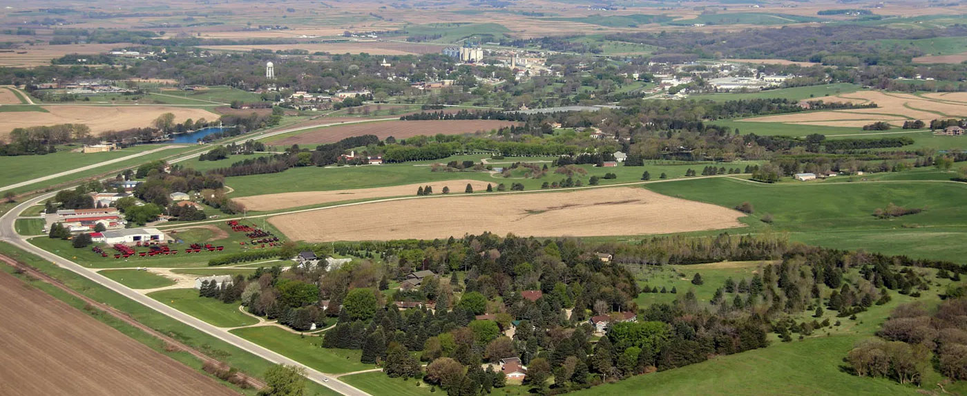 aerial view of town and fields
