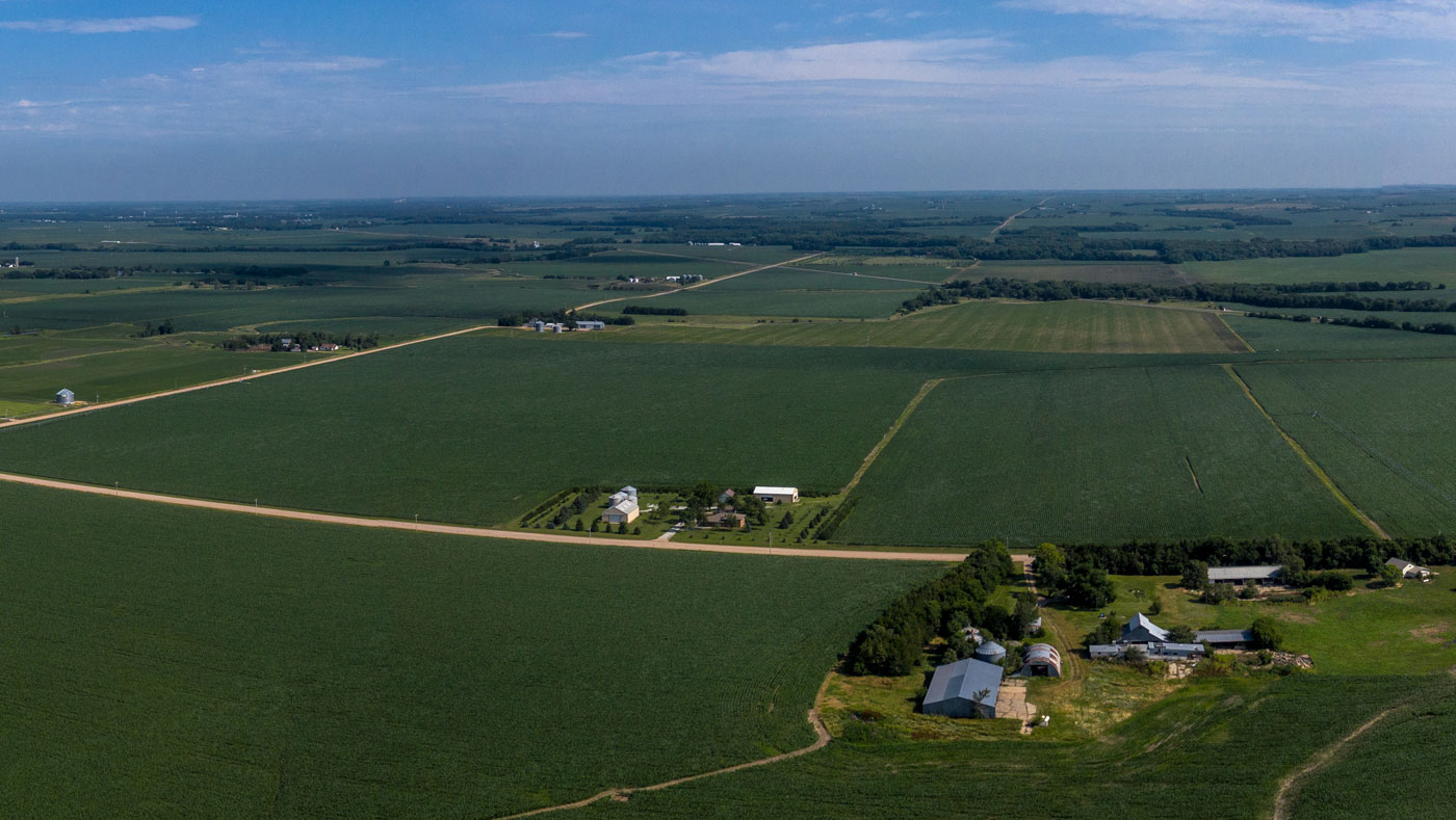 aerial view of green farm fields